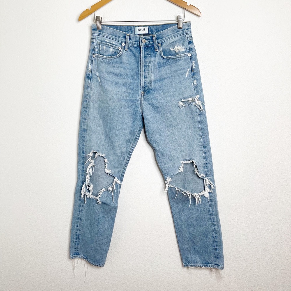 Agolde High Rise Straight Leg Distressed Jeans Light Wash Size 26 Button Fly